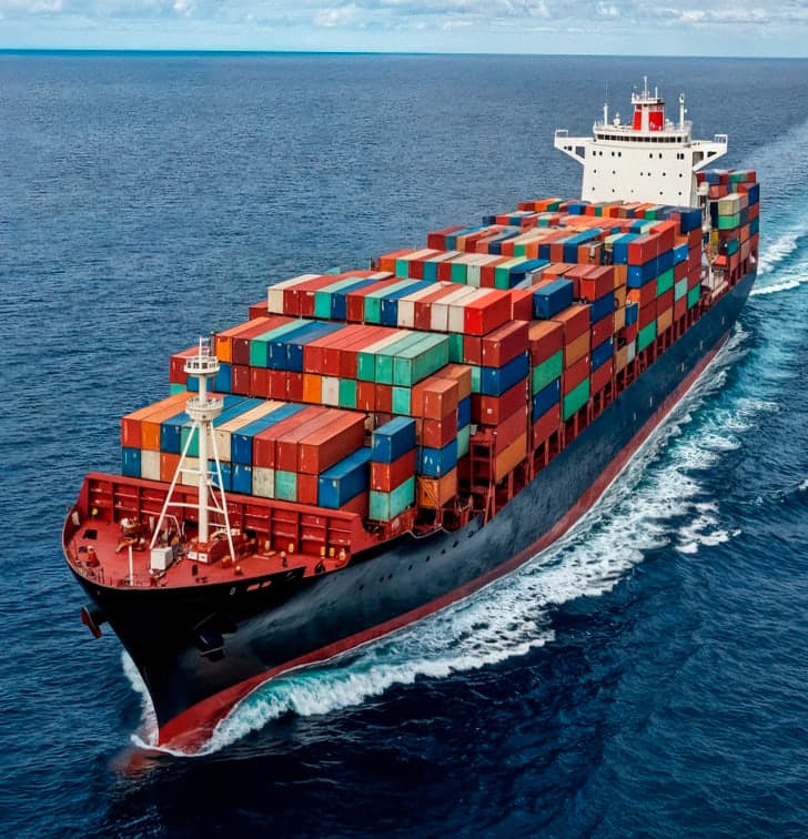 Container ship loaded with cargo sailing across the ocean